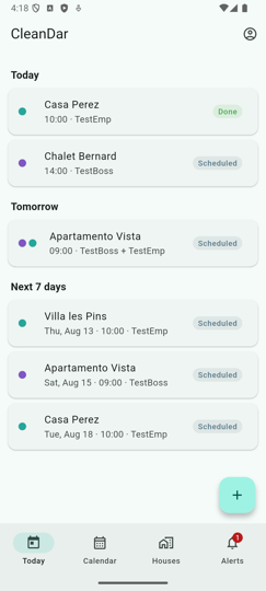 CleanDar today screen with scheduled visits